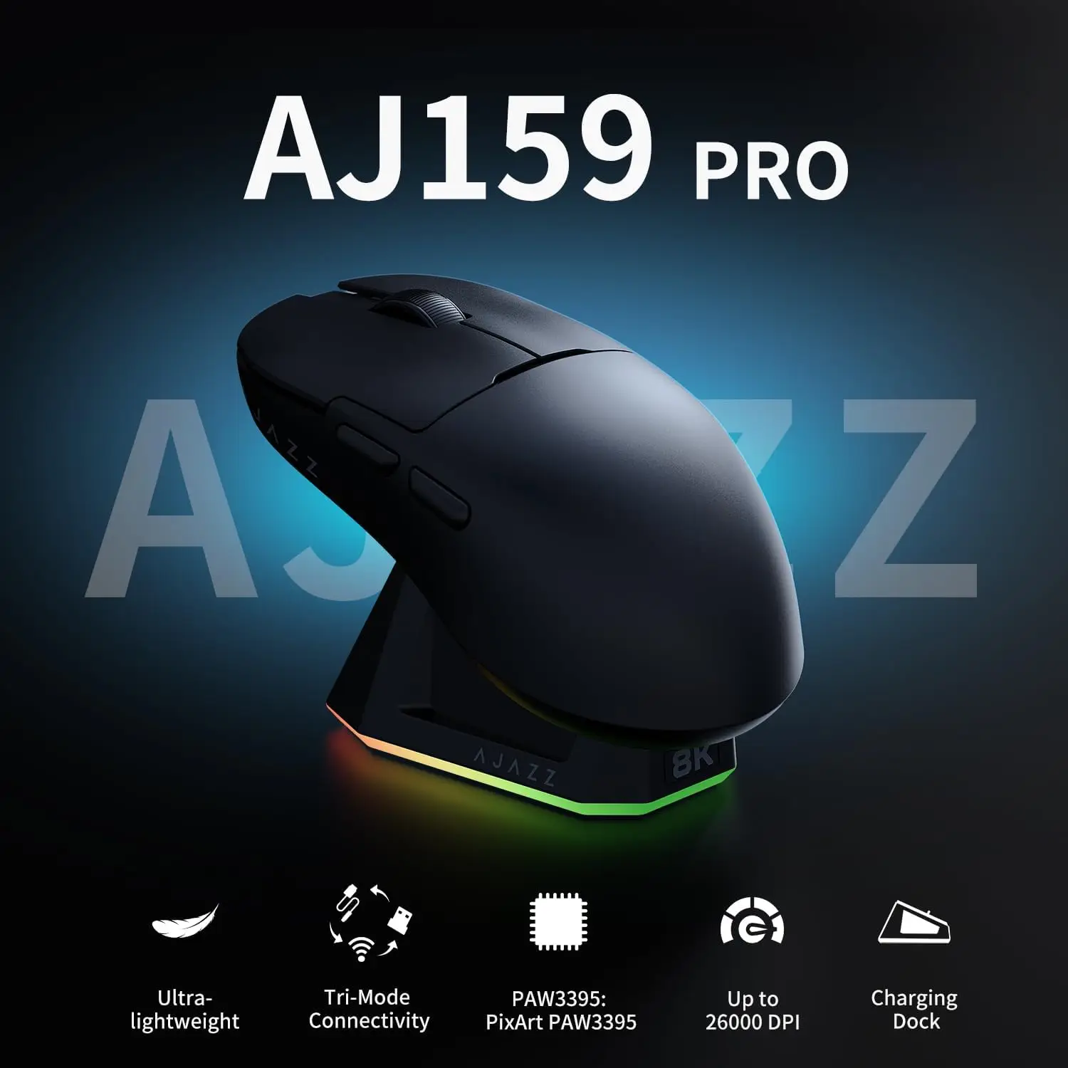 Ajazz AJ159 Pro Kabellose Gaming-Maus, Ausgestattet mit PAW3395 Sensor und Magnetfuß, 26K DPI, 2.4G/USB-C/BT-Unterstützung, 400 mAh Akku, Leichtes 56 g Design, RGB-Hintergrundbeleuchtungseffekte