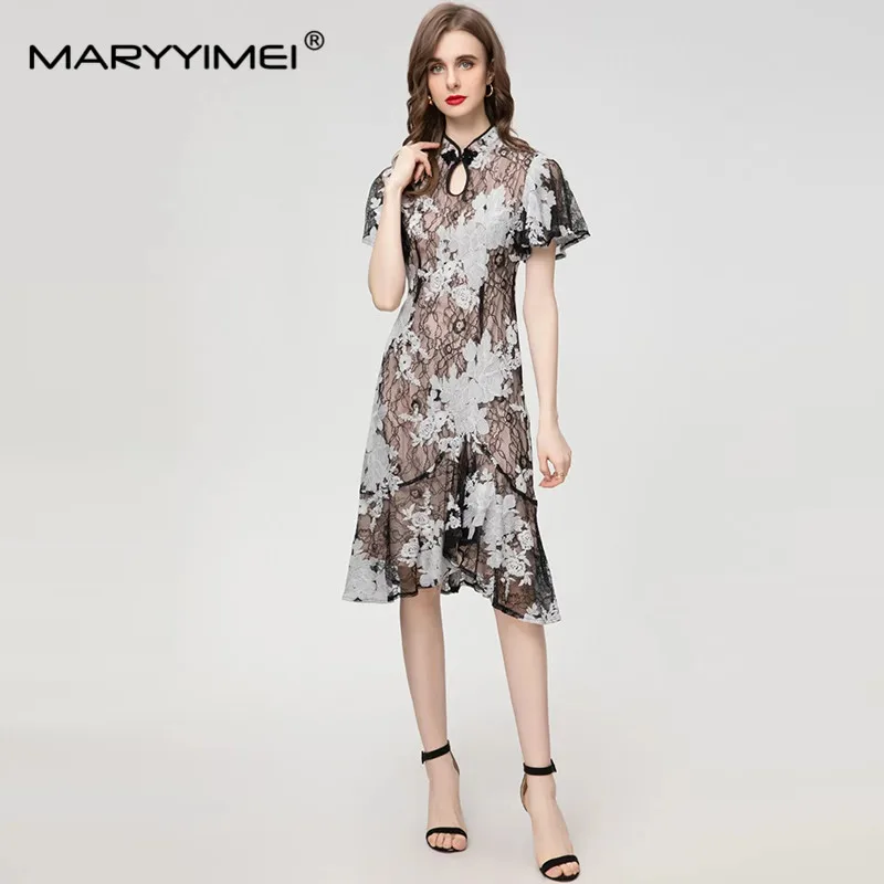 

MARYYIMEI New Fashion Runway Designe Women's Chinese-Style Stand-Up Collar Lace Jacquard Embroidered Slim-Fit Elegant Dress