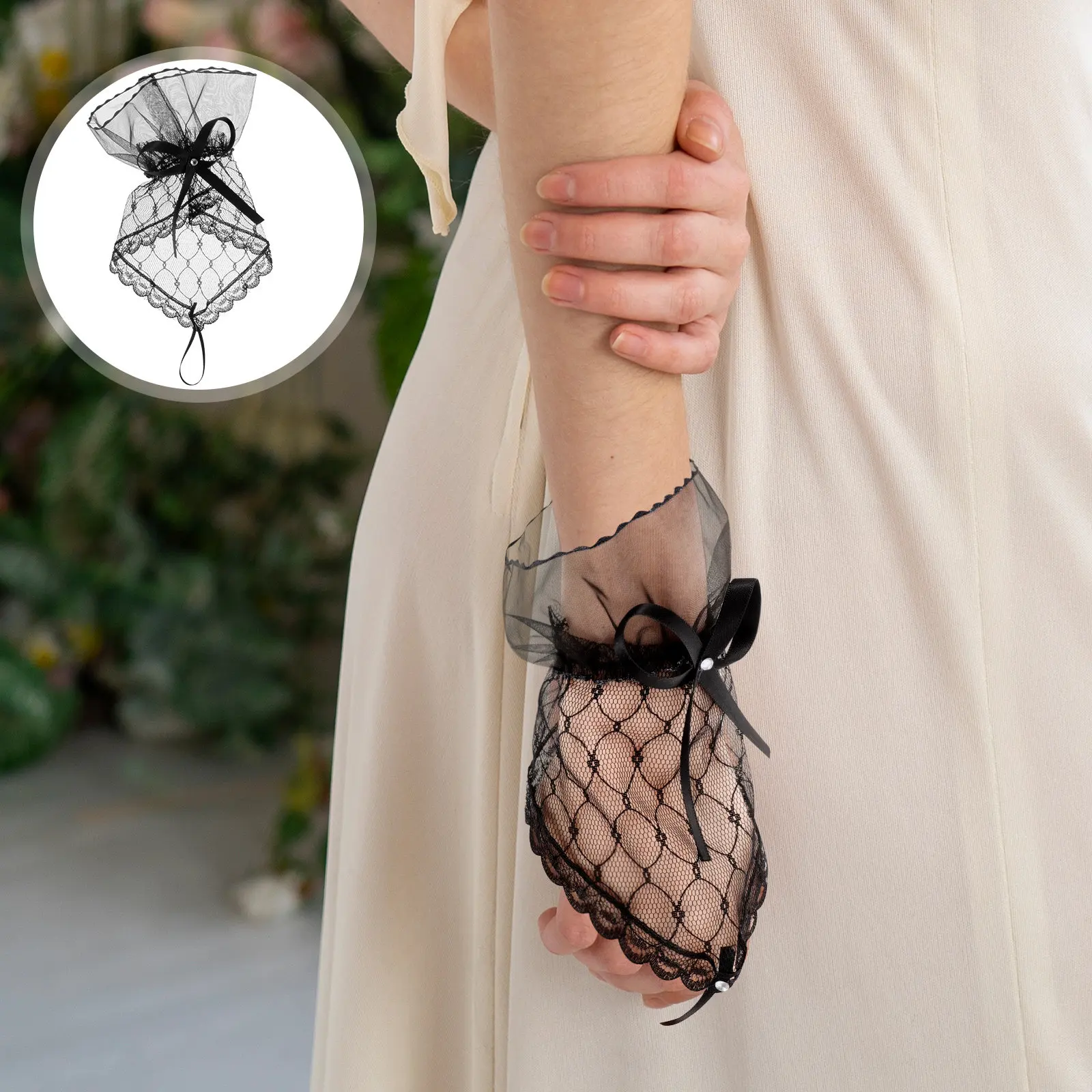 1Pair Lace Gloves Fingerless Bow Cuffs Elegant Mesh Lace Wrist Sleeves for Weddings Tea Parties Dance Events