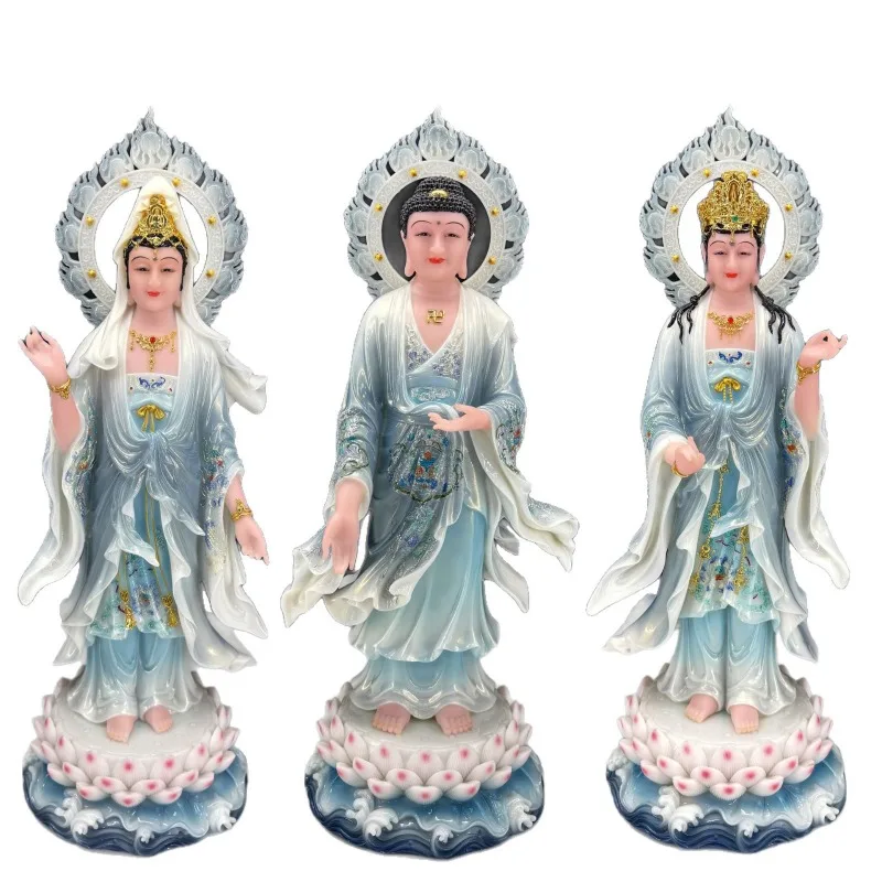 White marble Western three saints Buddha statue, standing like Amitabha Buddha, Guanyin has a general trend
