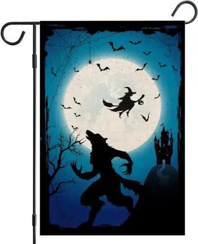 Halloween Werewolf Lich Bat Garden Flag Full Moon Dark Castle Spider 12 X 18 Inc