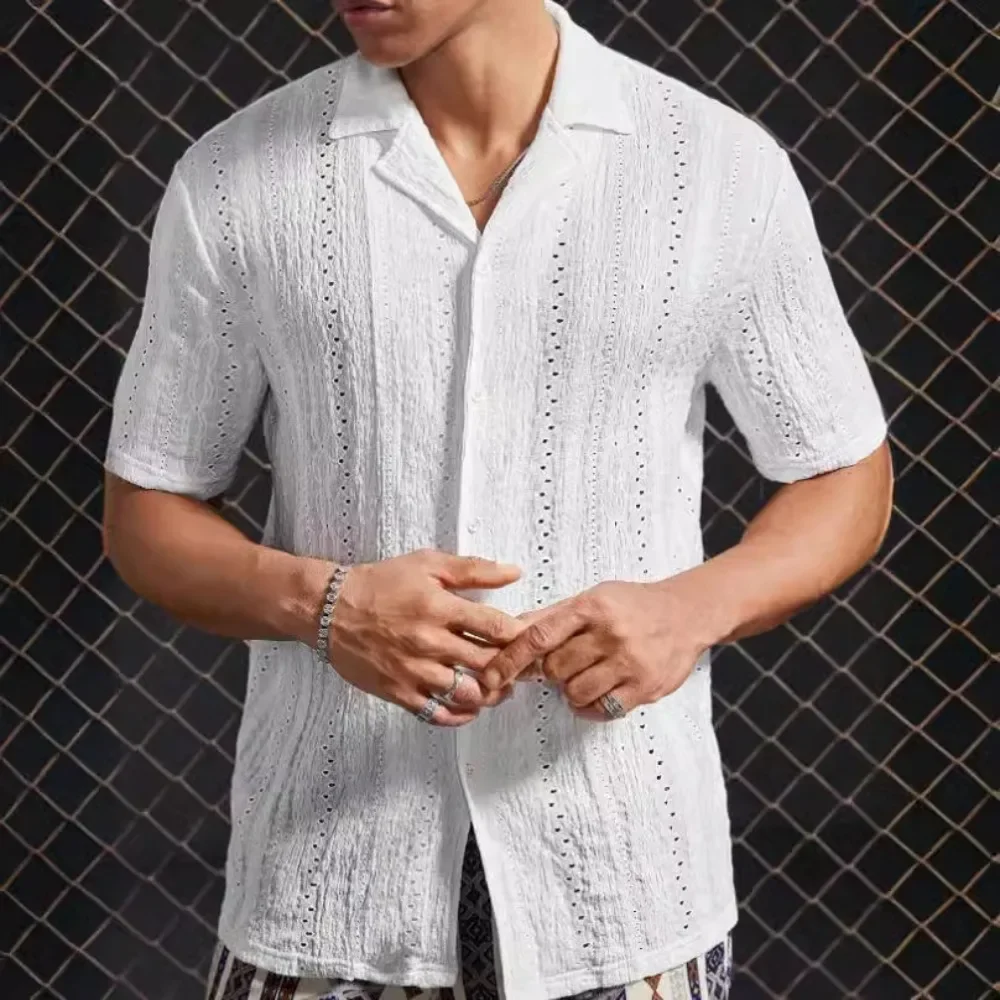 Men's Short-sleeved Shirt Lace Loose-cut Knitted Casual T-Shirt Male Hollow Out Tops