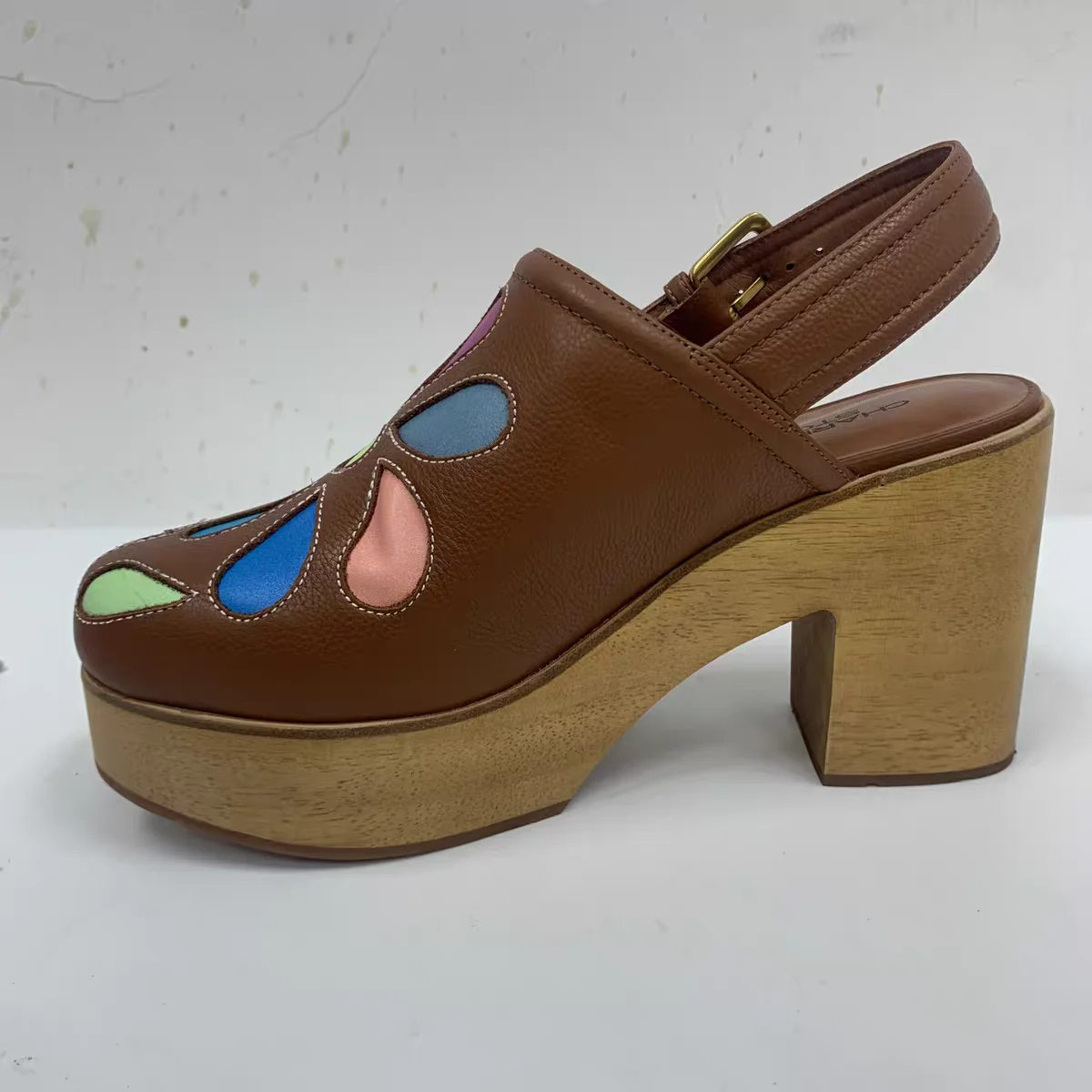 Brown Flower Pattern Buckle Wood Pattern Pumps Chunky Heel Fashion Cool Sexy Summer Casual Big Size Woman Shoes Zapatillas Mujer