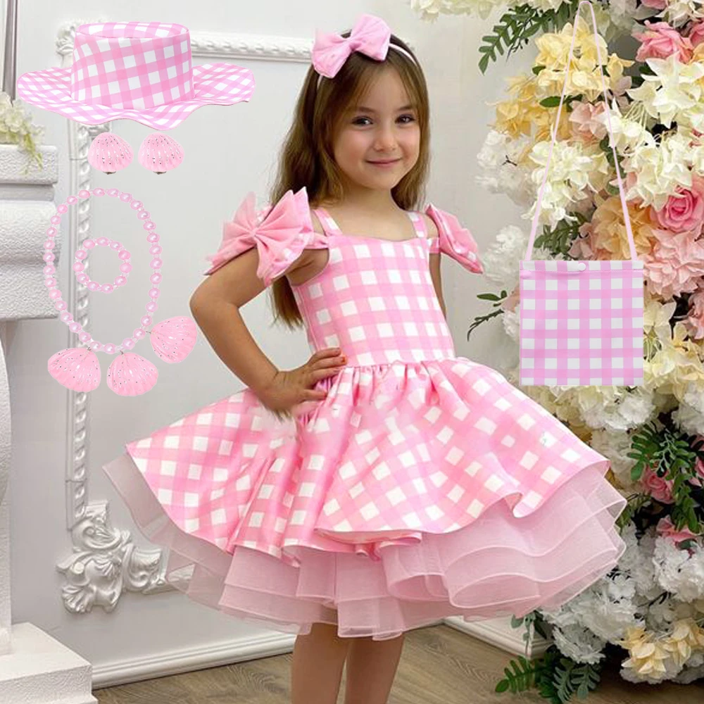 Barbi Movie Pink Girl Costume Carnival Barbier Set for Girls Halloween Tulle Plaid Birthday Party Princess Kids Dresses Costumes