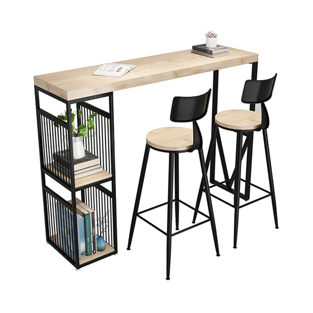 

Wood Top Bar Table and Bar Stool Set Balcony Kitchen Living Room Divider Dining Table & Chairs