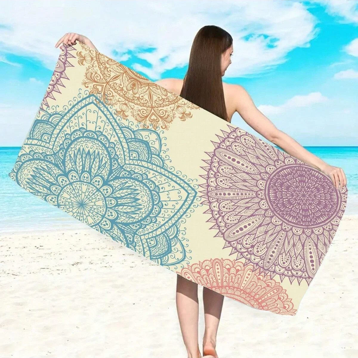 1pc Style Blue Mandalay Pattern Beach Towel,Ultra-Fine Fiber Beach Blanket,Highly Absorbent Bath Towel,Suitable For Summer