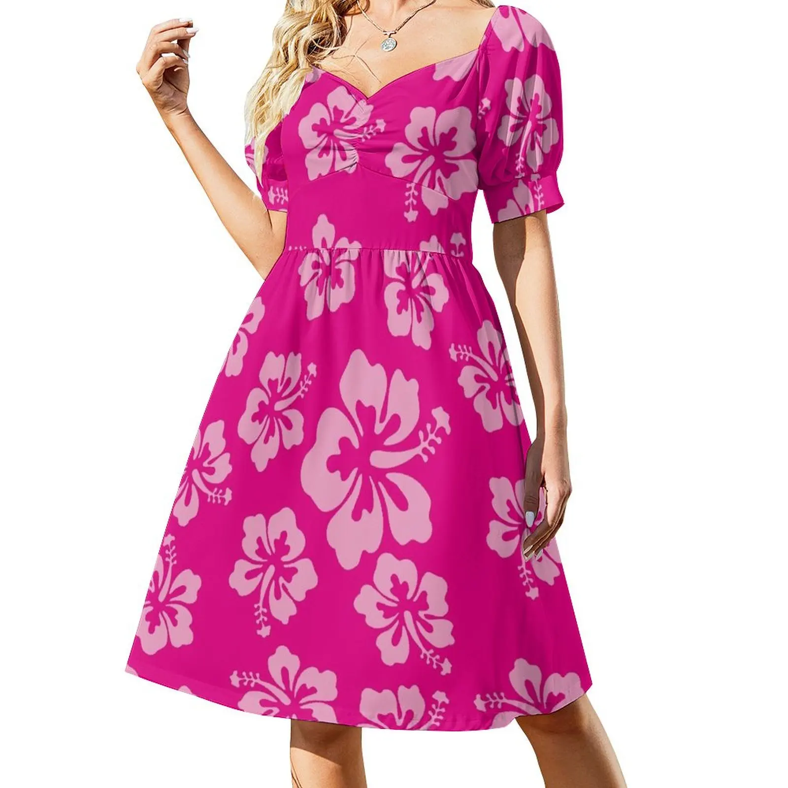 

Bright Pink Hibiscus Hawaiian Flower Aloha Short Sleeved Dress Dress vintage Dresses for wedding party Dress