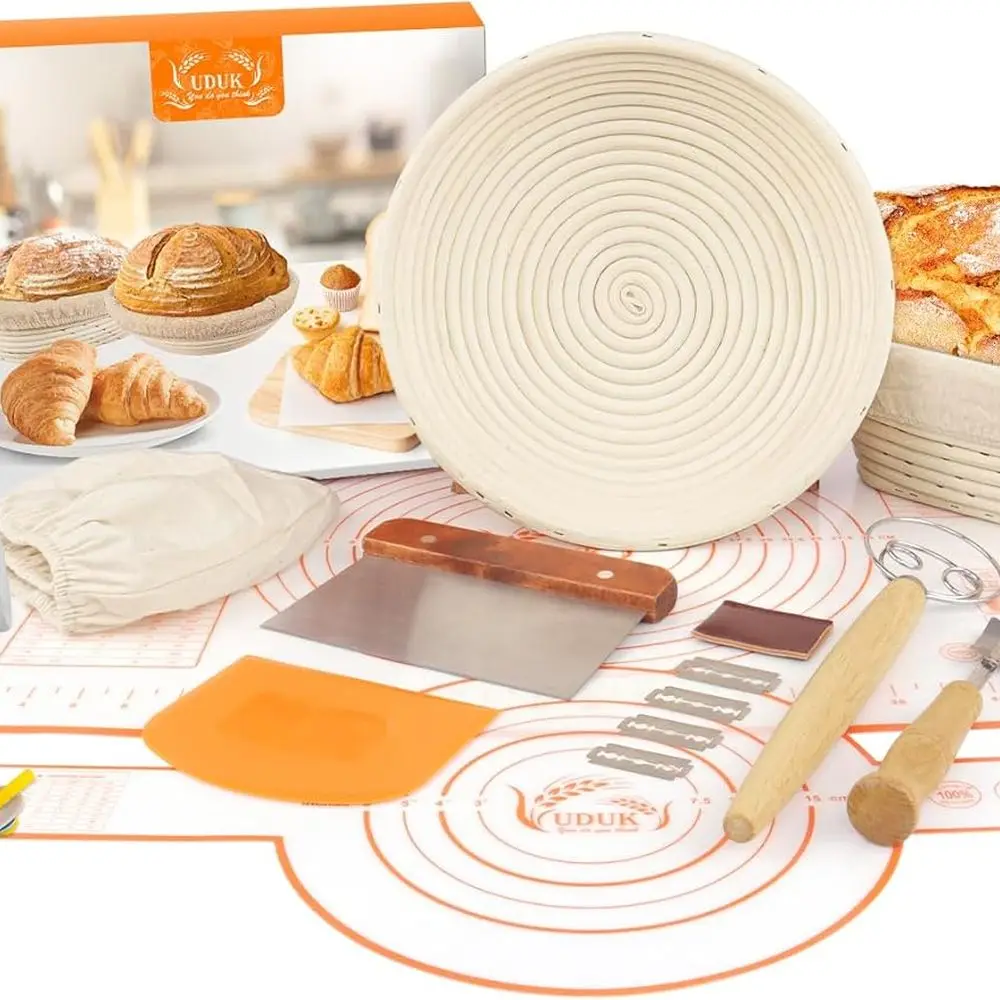 

Sourdough Starter Kit, Baking Supplies Set with 2 Banneton Proofing Baskets, 24oz Sourdough Jar, Silicone Pastry Mat, Bread Slin