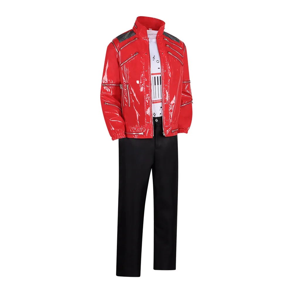 Men Red Leather Jacket Michael Jackson Cosplay Costume Music Note T-shirt Pants MJ Stage Performance Outfit Halloween Party Suit view 3