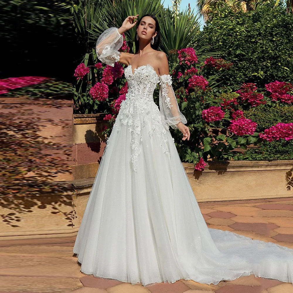 Elegante Schatz Hals Brautkleider träger lose Applikation Spitze 3d Blume Braut gewachsen abnehmbare Ärmel vestidos de novia 2024