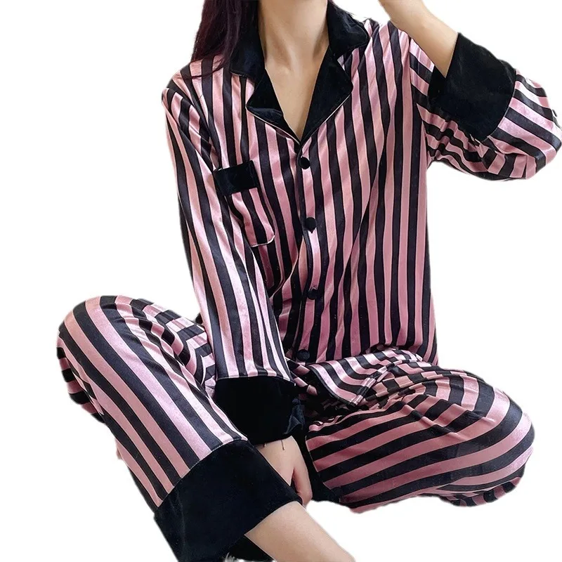 Women\'s Pajamas Sets Spring Autumn 2 Piece Striped Pyjama Faux Silk Satin Sleepwear Long Sleeve Button Pijama Mujer Pjs Homewear