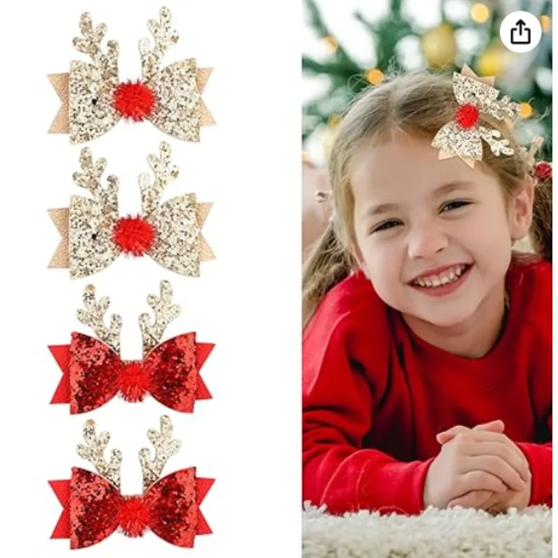 

4 шт. рождественские заколки для волос, заколки для волос с бантиком из рога северного оленя, блестящие рождественские заколки с блестками для женщин и девочек, аксессуары