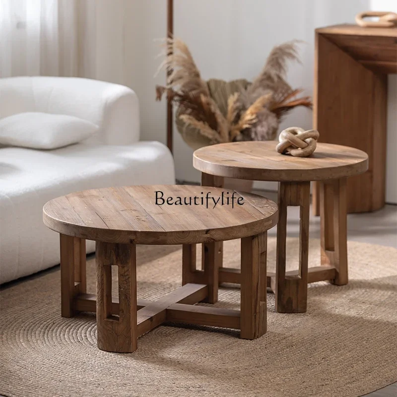 

LD33**Wabi-sabi retro solid wood round low coffee table Japanese old pine modern simple