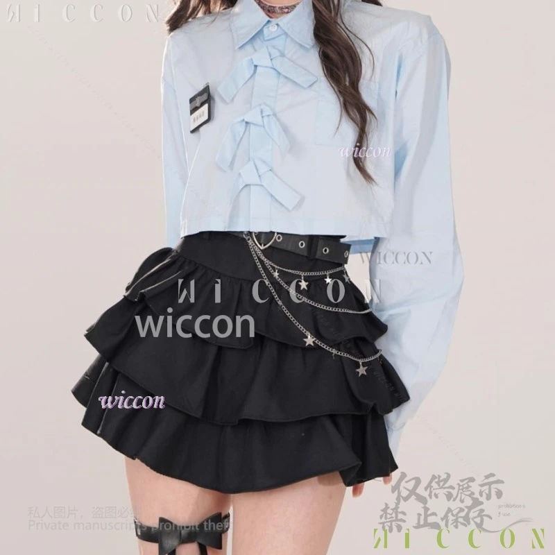 Черная юбка в стиле аниме 2025 Y2k Jirai Kei для девочек, готическая корейская одежда средней длины, короткая юбка, универсальная милая пышная юбка, высокое платье-u