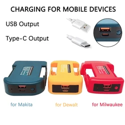 Type-C Interface USB Power Source for Makita/Dewalt/Milwaukee 14.4V 18V 20V Lithium Battery USB Converter Adapter Power Supply