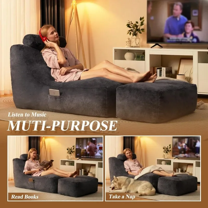 Chair Large Indoor Beanbag Sofa Lazy Beanbag with Neck Roll&Ottoman Cozy Floor Sofa with Washable Cover&Side Pocket