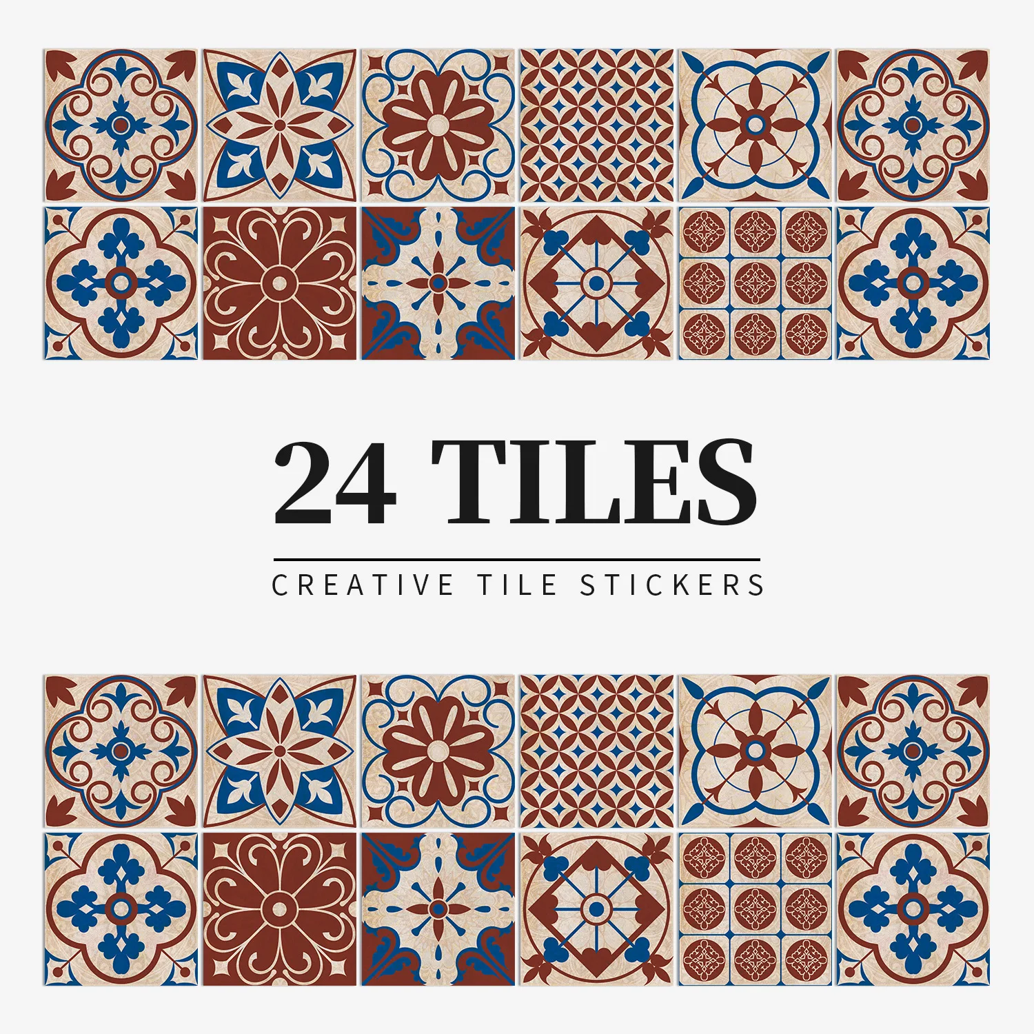 24 Pack Matte PVC Self-Adhesive Tile Stickers, European Floral Pattern Waterproof Oil-Resistant for Kitchen Backsplash Bathroom