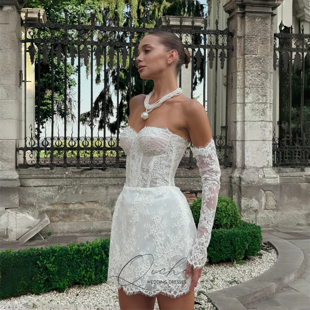 QICHE Luxe Schede Korte Trouwjurk Vrouwen 2026 Lange Mouwen Sweetheart Open Back Party Gown Vestidos De Novia Aangepaste