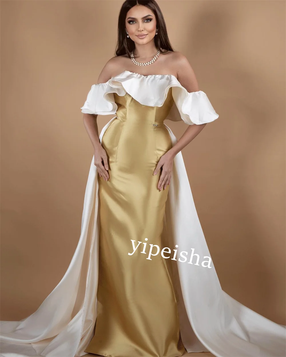 Jiayigong-Vestido largo de satén con volantes para mujer, traje con hombros descubiertos, estilo columna, a medida, Arabia Saudita