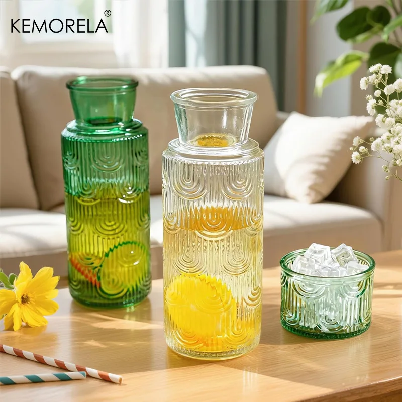 Vintage Glass Water Pitcher Set with Tumbler Bedside Carafe Clear Glass Pitcher Suitable for Juice Tea for Bedroom Bathroom