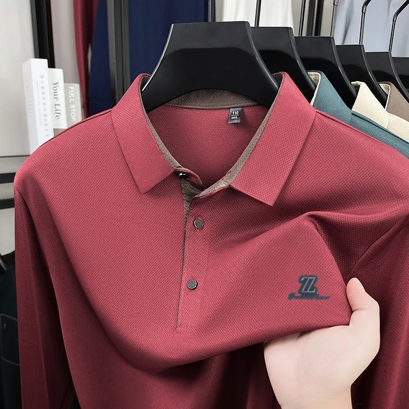 Herren-Poloshirt mit Markenaufdruck in Unifarbe, Herbst-Neuheit, Hautfreundliches Langarm-T-Shirt, Modische Vielseitige Herrenmode