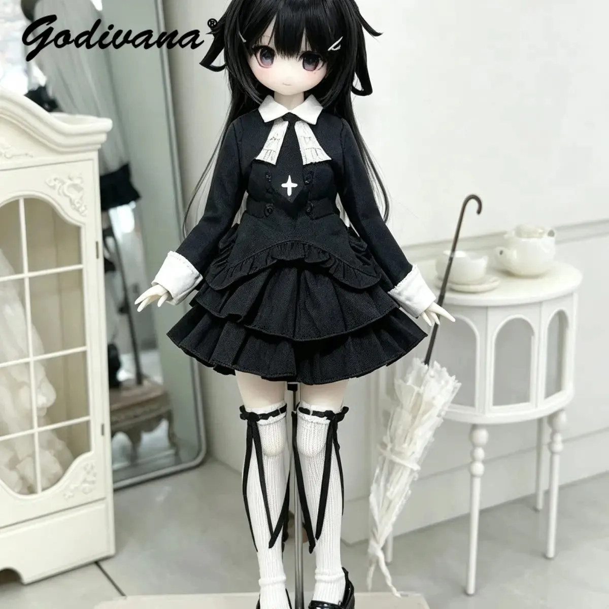 1/4 BJD Doll Clothes Sweet Gothic Nun Academy Doll Outfit Ruffle Tiered Lolita Skirt Bow Set for Regular 1/4 Large 1/4 BJD Doll - view 3