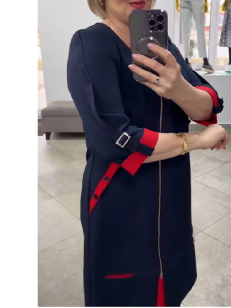 

Summer Fashion Side Zipper Jacket Round Neck Long Dress Solid Color Casual Loose Long Sleeve Over-Knee Dress Females