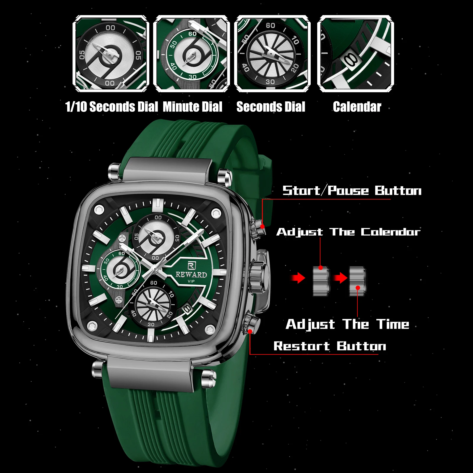 REWARD hottest square men\'s watch silicone band calendar chronograph fashion sport quartz watch men