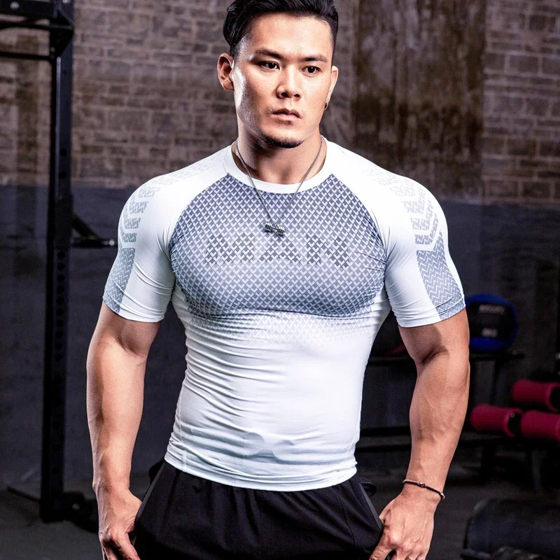 New Top Sports Running Shirt Mens T-shirt Fitness Quick Dry Gym Work Out Elastic Tights Muscle Compression MMA Clothing