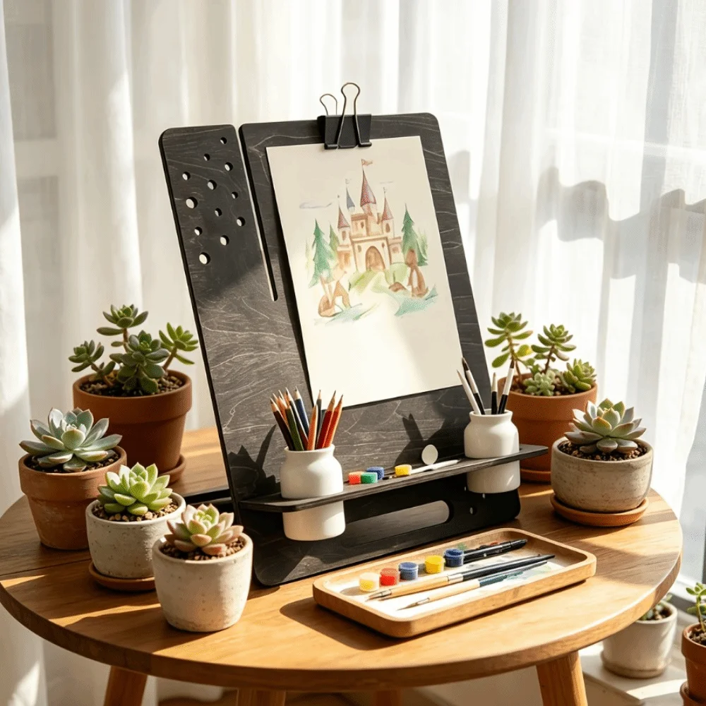 Multifunctional Wooden Table Easel Ornament with Tool Storage Decorative Rack Art Sketch Stand with Pen Holder Steadying Sturdy