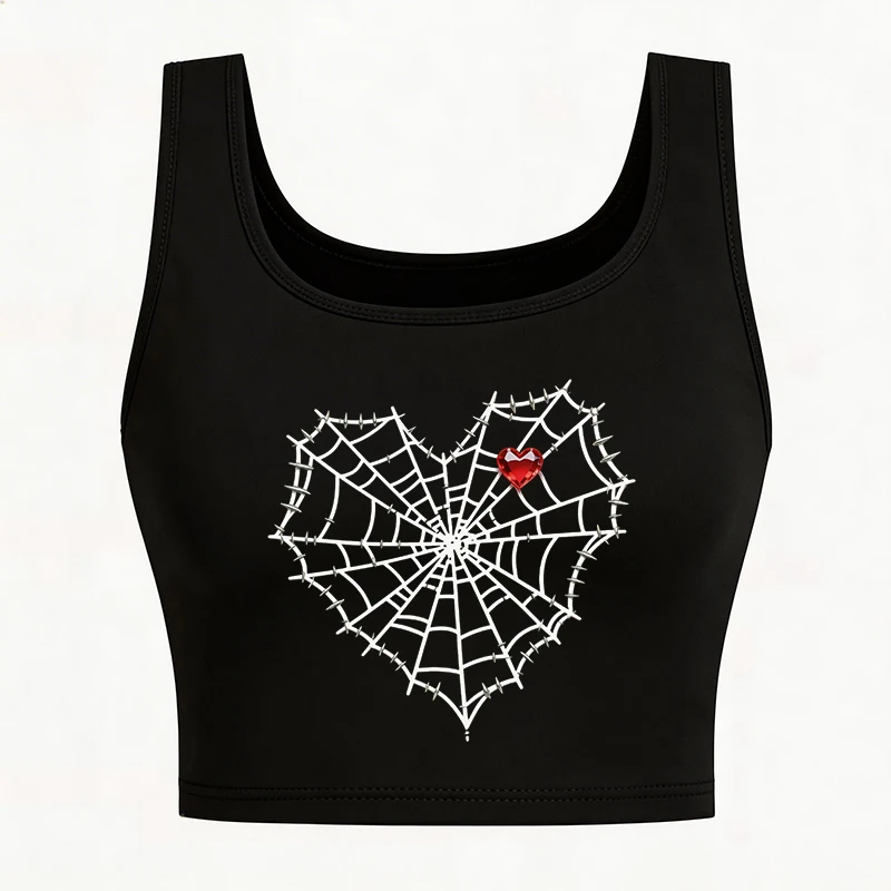 Women's Fashionable Sexy Round Neck Sleeveless Vest T Shirt with Spider Web Positioning Print 90s Graphic Y2k Tank Tops Clothes