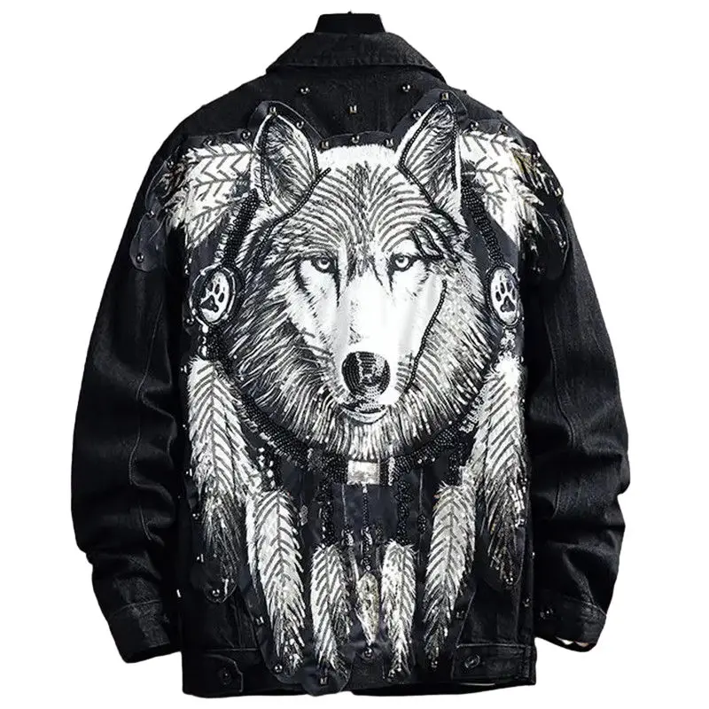 VERSMA Spring Japanese Vintage Wolf Sequined Denim Jacket Men Ripped Streetwear Embroidery Denim Jeans Women Jacket Dropshipping