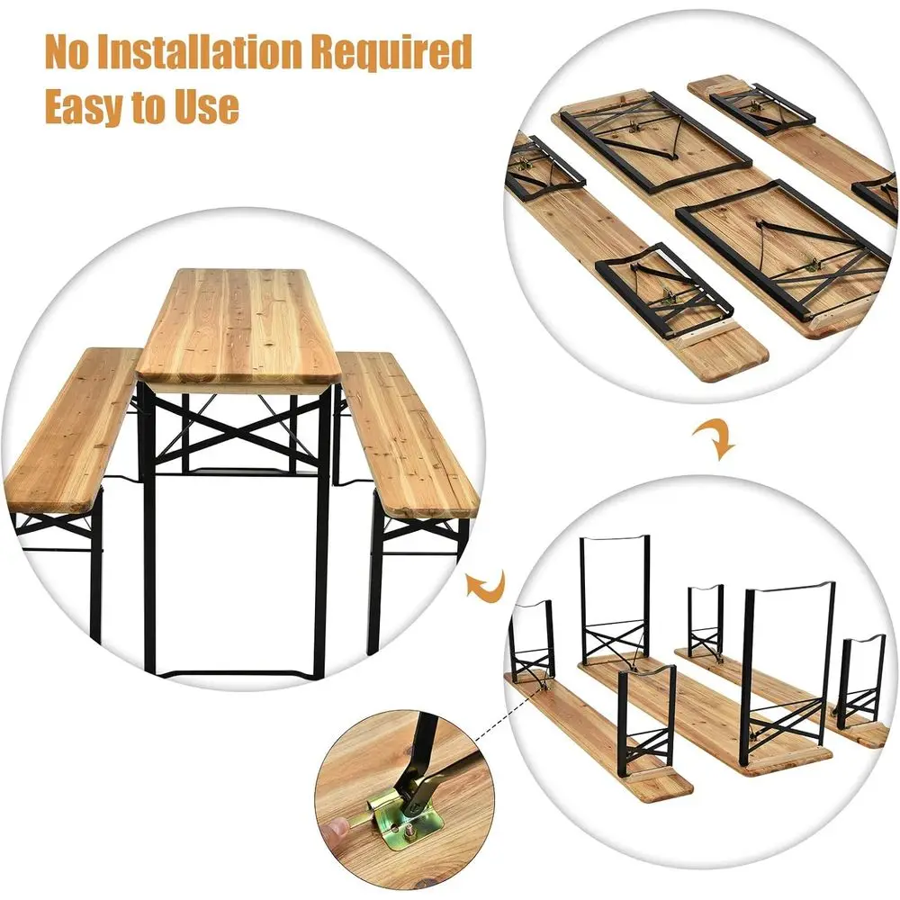 Japandi Folding Solid Wood Outdoor Dining Table Set outdoor patio arrangement with seating benches