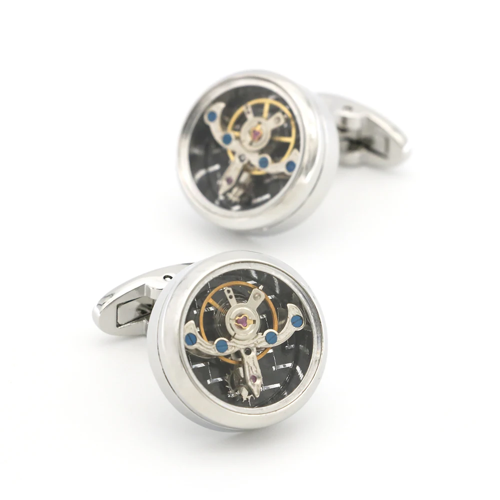 

Men's Designer Cufflinks Tourbillon Design Silver Color Movement Quality Copper Cuff Links Wholesale&retail