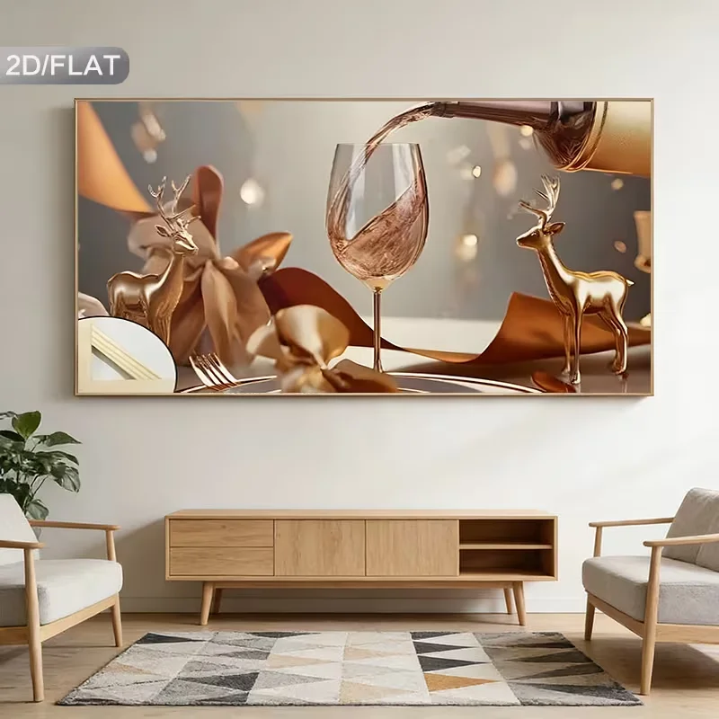2D Flat, 1pc Large Modern Golden Deer & Wine Wall Art Panel - Frameless Minimalist Suitable for Scandinavian & Mid-Century Decor
