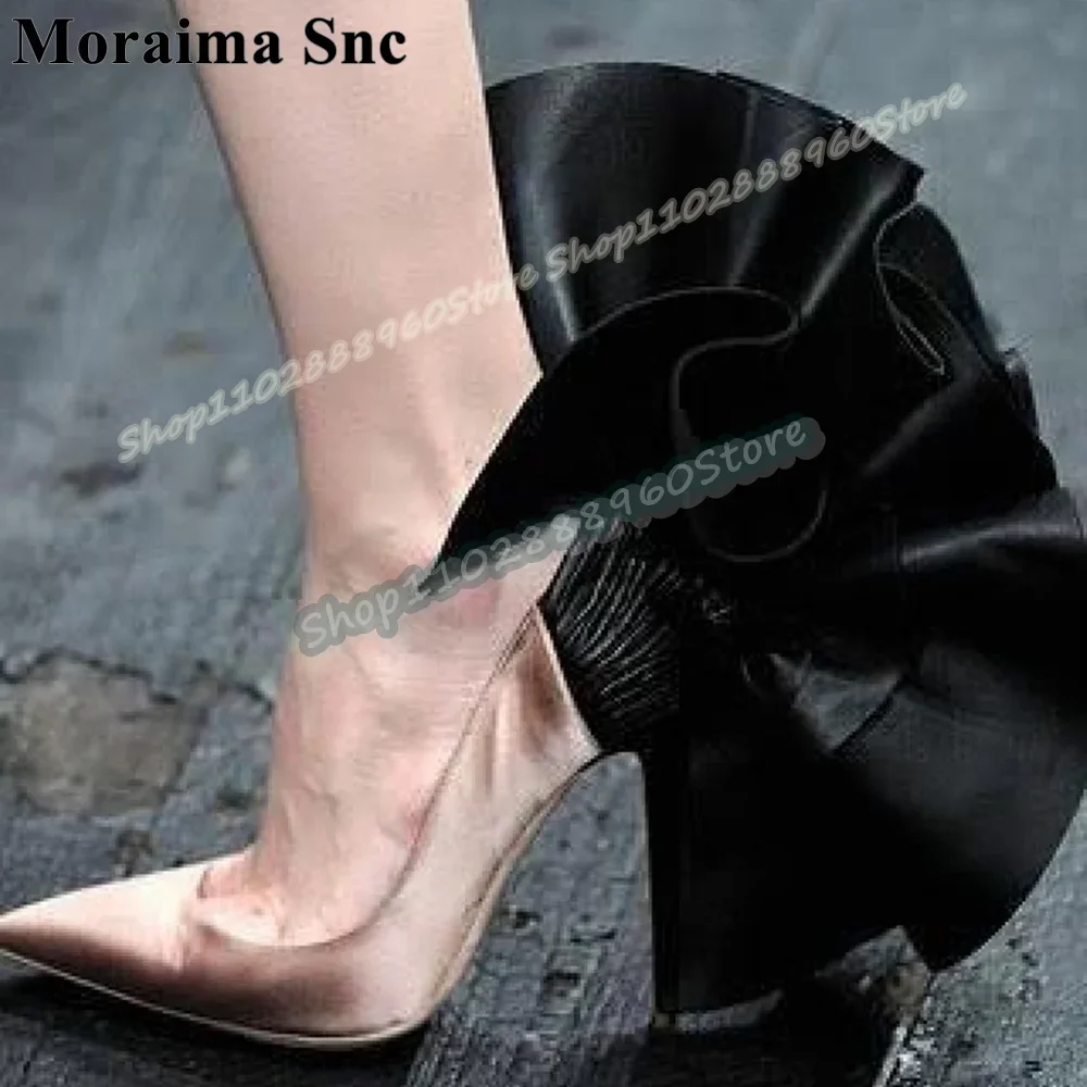 

Mixed Shallow Satin Ruffles Pointy Pumps Stilettos High Heel Women Shoes Slip On Pointed Toe Luxury Catwalk Party Women Pumps