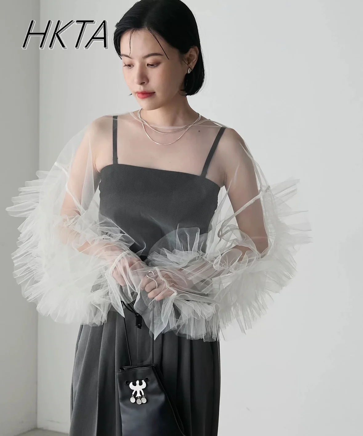 

Japanese Niche Mesh T Shirt Women High Sense Spring and Summer Perspective Ruffle Sleeve Blouse Mixed Matched Long-sleeve Top