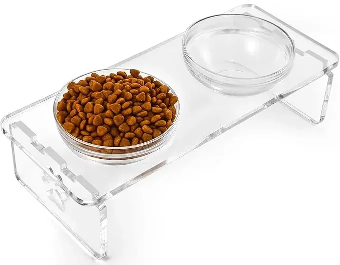 Acrylic Feeder Stand With 2 Set Removable Stainless Steel And Glass Bowls Food And Water Raised Dishes For Small Pet