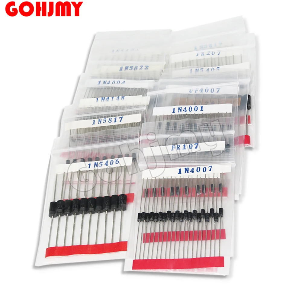 200PCS 14 Values 1N4004 1N5817 1N5819 1N4001 1N4148 1N4007 diode 1N5406 1N5404 1N5408 1N5822 diode kit FR107 RL207 FR207 UF4007 
