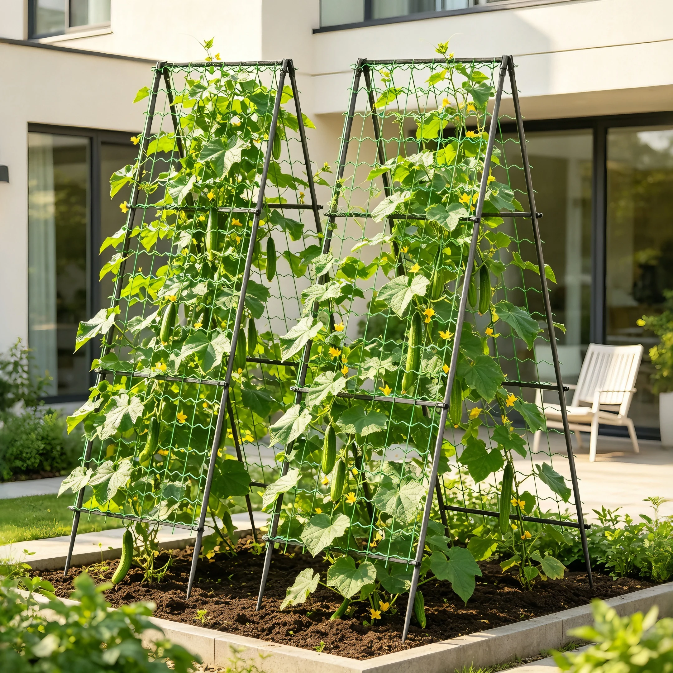 2 Pack A-Frame Garden Trellis for Climbing Plants - 2.1m Outdoor Metal Cucumber Trellis Support Frame for Raised Beds with Nylon Netting, Anti-Rust Powder Coated Vegetable Plant Tower (71x112x210cm)