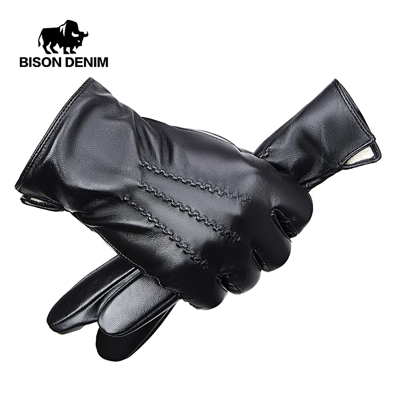 BISONDENIM New Men\'s Genuine Sheepskin Gloves Full Finger Touch Screen Gloves Winter Warm Fashion Business Multiple Size Options