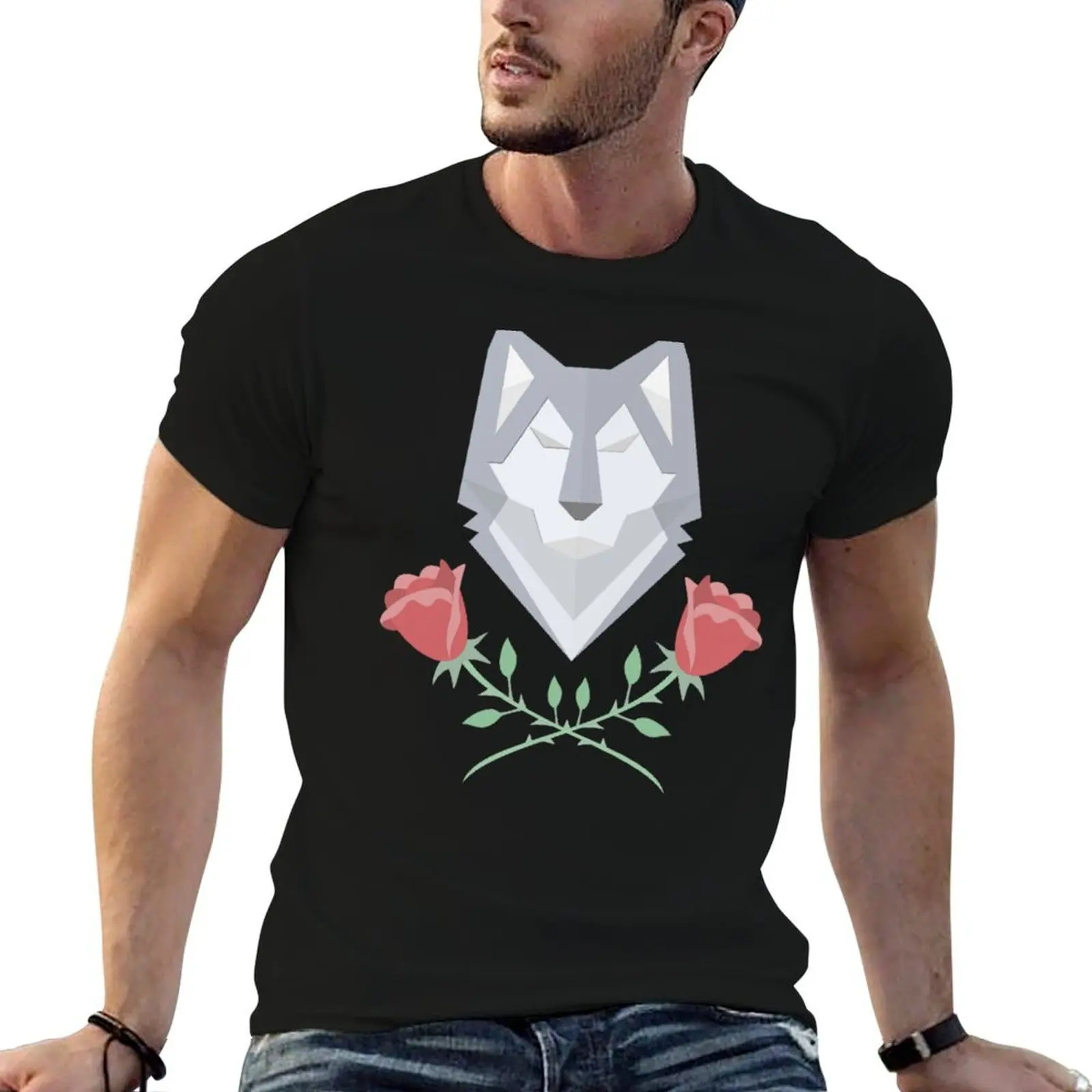 

wolf and roses T-Shirt black cotton t-shirt plain for man package t shirt for man 100 percent cotton man t shirt luxury T-Shirt
