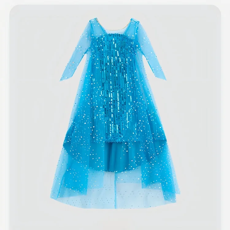 Girl Stunning Princess Maxi Dress All Body Sequin Covered Blue Train Sparkly Tulle Costume Snow Queen Party Elsa Cosplay Outfit - view 2