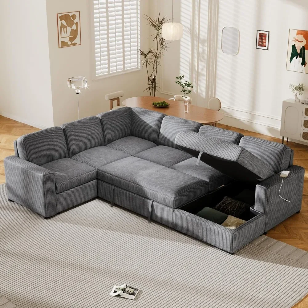 116.5 "U-Shaped Corduroy Modular Sectional Storage Chaise และดึงเตียง, โซฟาเข้ามุมขนาดใหญ่ 6 ที่นั่งพร้อมอินเทอร์เฟซ USB