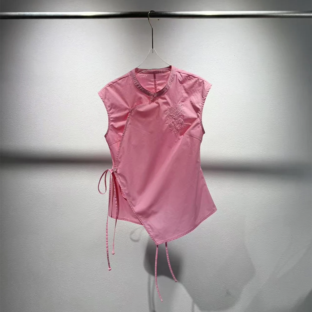 New Chinese Style 100% Cotton Women's Vest Sleeveless Embroidered Rose Cheongsam Top Asymmetrical Tie Waist Casual Summer Blouse