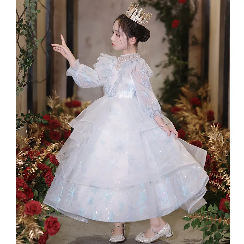 

Elegant Girl Dresses for Girls Ceremony Dress Quinceanera Party Gown for Teenagers Children White Sequins Bridesmaid Costume