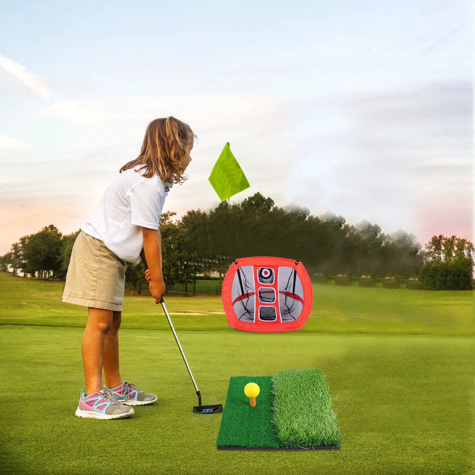 مجموعة واحدة من شبكة تدريب الجولف المتينة المحمولة المصنوعة من النايلون للاستخدام الداخلي والخارجي، مجموعة وسادة بإطار ثابت من النايلون