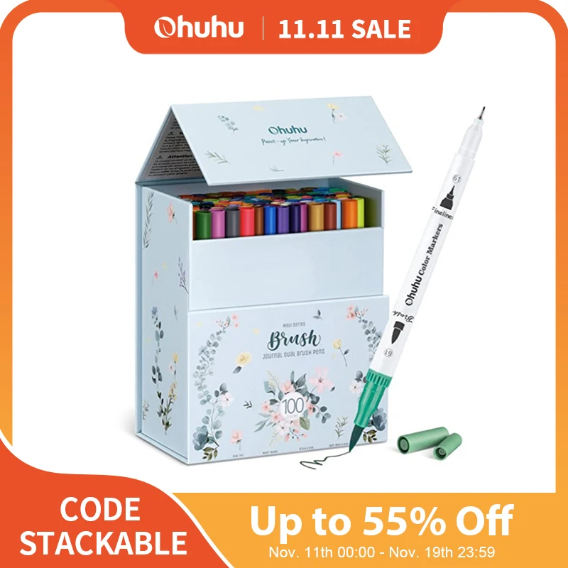 Ohuhu Art Markers Dual Tips Line Marker Set WaterColor Pen Coloring Water Color Brush Fineliner Painting Drawing School Supplies