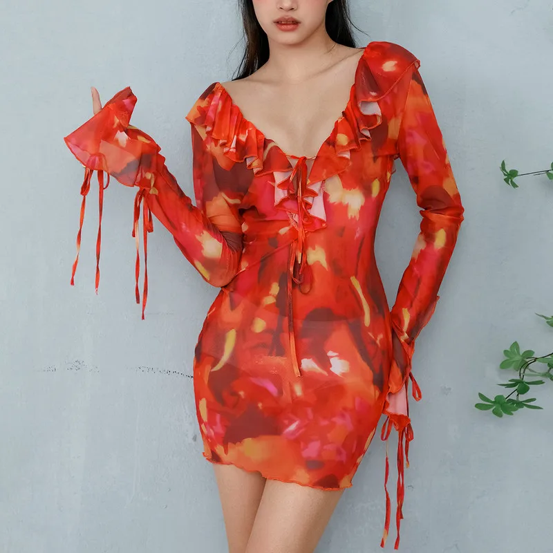 

WPNAKS Women Tie-Dye Ruffles Bodycon Dress Spring Summer Clothes See Through Long Sleeve Tie-Up Deep V-Neck Backless Mini Dress