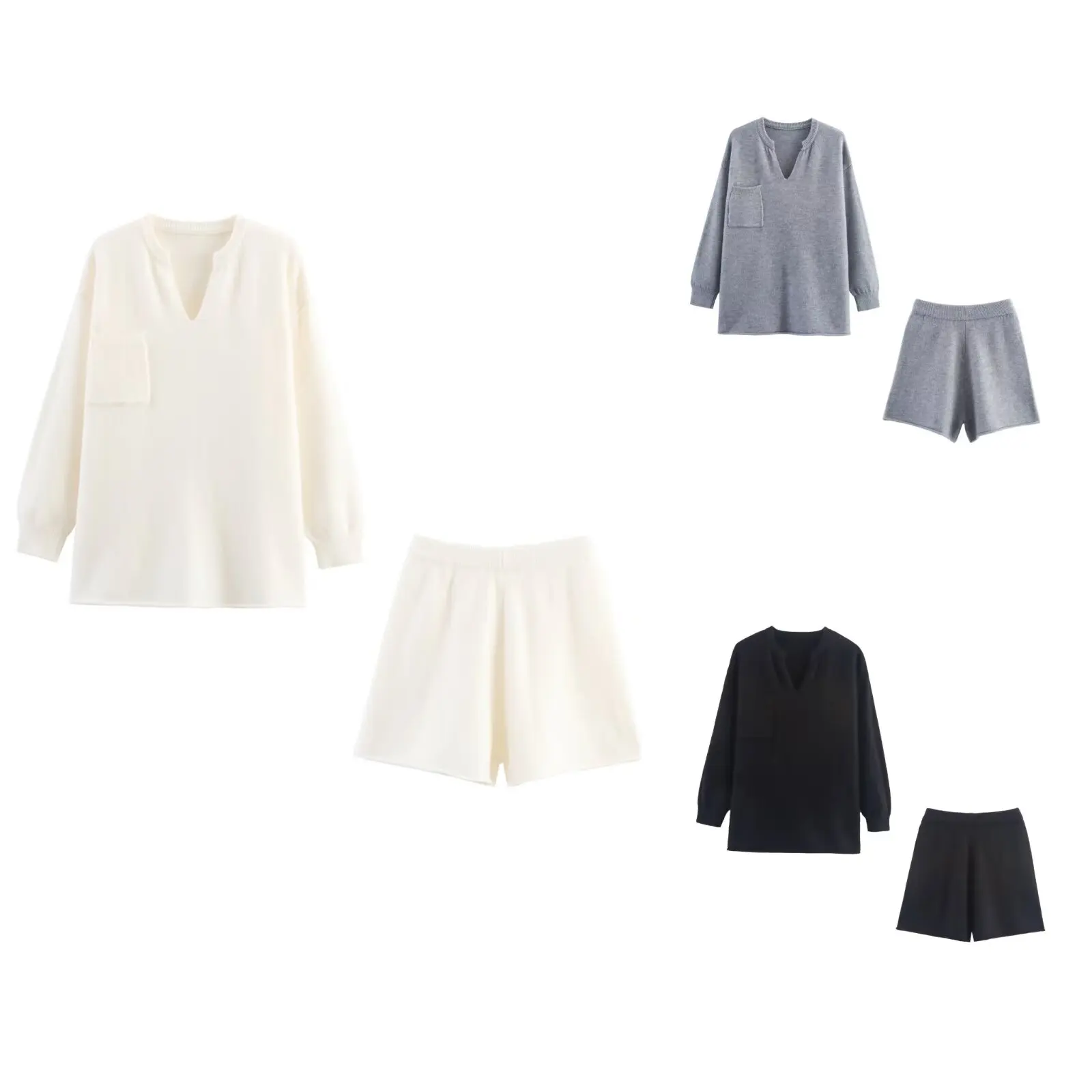 

MYST&ZA women's autumn new hem rolled V-neck long-sleeved loose knitted pullover top + hem rolled casual knitted shorts